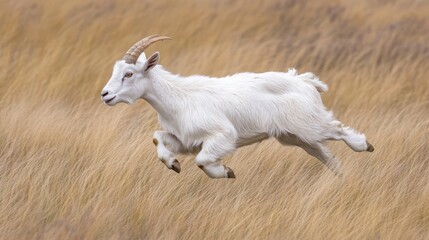 Obraz premium White goat running through tall golden grass