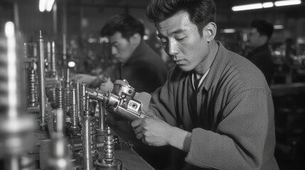 Factory Worker Assembling Precision Mechanical Parts
