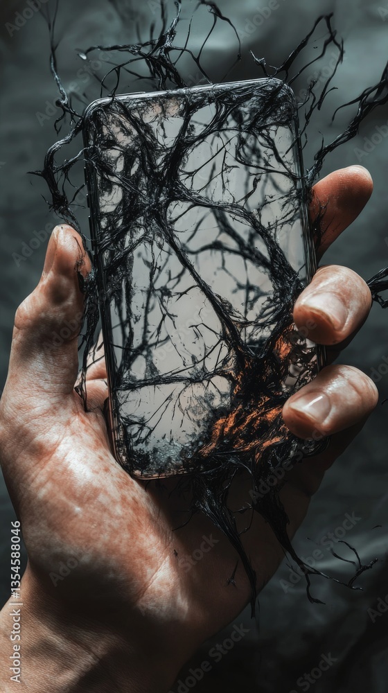 Poster a surreal image of a hand holding a smartphone covered in intertwining black roots, symbolizing natu
