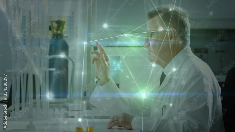 Poster in school, scientist using animation for digital network overlay in laboratory