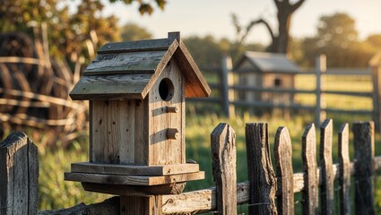 Title / Заголовок:
Handmade Birdhouse on a Fence, Rustic Countryside Scene in Warm Natural Light 