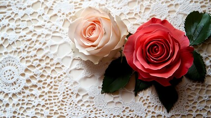 Two intertwined roses placed on a lace doily
