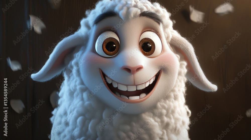 Poster 3d-rendered cartoon sheep with a wide grin and bright eyes, set in an indoor cozy scene with scatter