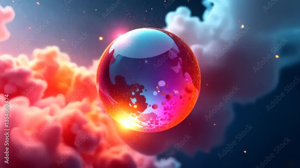 Poster a colorful sphere amidst clouds and sparks an abstract animation