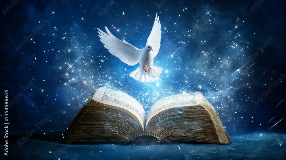 Poster white dove gracefully flying above an illuminated open book, enveloped by radiant sparkles and a dee