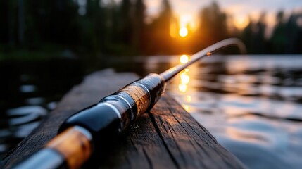 Naklejka premium Fishing rod resting on a wooden dock at sunset. A close-up of a fishing rod on a wooden dock, with the setting sun reflecting on the water