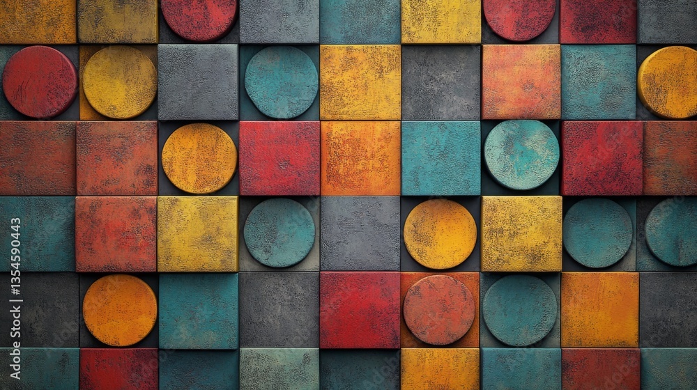 Poster a stunning pattern featuring textured multicolored squares and circles. this geometric design brings