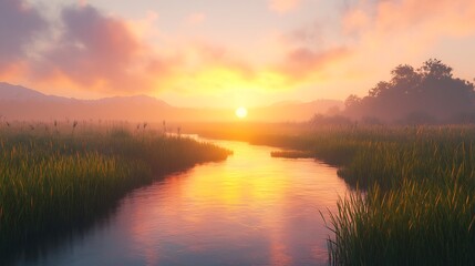 Obraz premium Vibrant sunrise over a serene river surrounded by tall grass