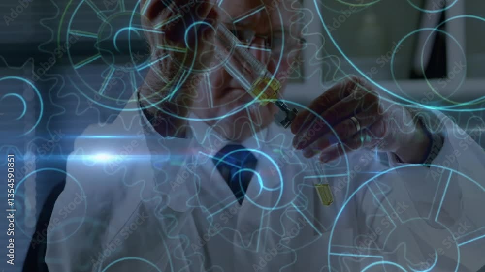 Aufkleber working with test tubes, scientist surrounded by animation of gears and technology