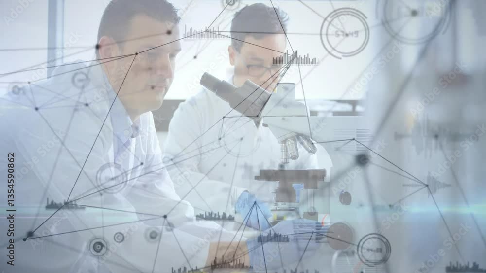 Poster analyzing data, scientists working with microscope and network connections in lab