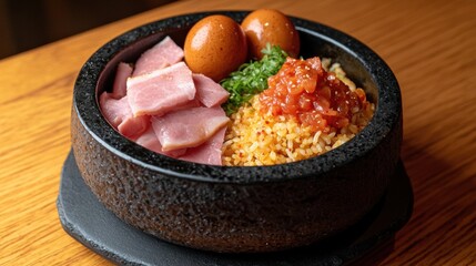 Delicious bowl of sushi with toppings and garnishes.