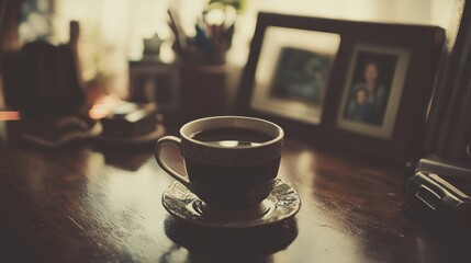 Coffee Cup Rests on Wooden Table Near Pictures