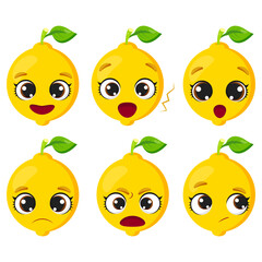 Collection of lemon fruit characters with emotional faces including happy, sad, angry, and surprised, perfect for children’s education, worksheets, and fun designs