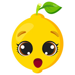 Surprised yellow lemon with big expressive eyes and a fresh green leaf. Ideal for food branding, organic products, healthy eating themes, juice packaging, and diet-related visuals