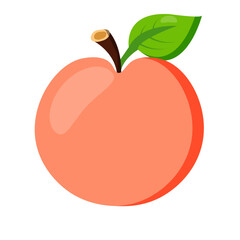 Fresh juicy peach with a green leaf and brown stem isolated on white background. Perfect for healthy food, organic market, juice labels, packaging, summer prints, vegan lifestyle, and kitchen decor