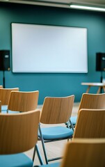 Empty chairs arranged for a presentation in a conference room