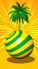 Obraz premium Palm on striped ball. Tropical island dreamscape. Vacation getaway background. Travel blog
