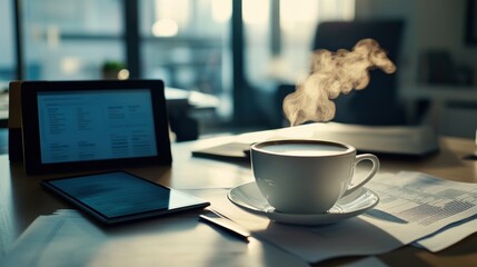 Steaming Coffee Beside Tablets And Documents On Desk