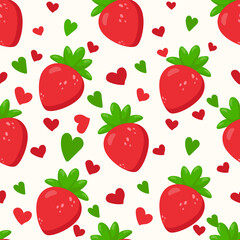 Seamless pattern with fresh strawberries and hearts on a white background. A vibrant and playful design, ideal for packaging, textiles, wallpaper, wrapping paper