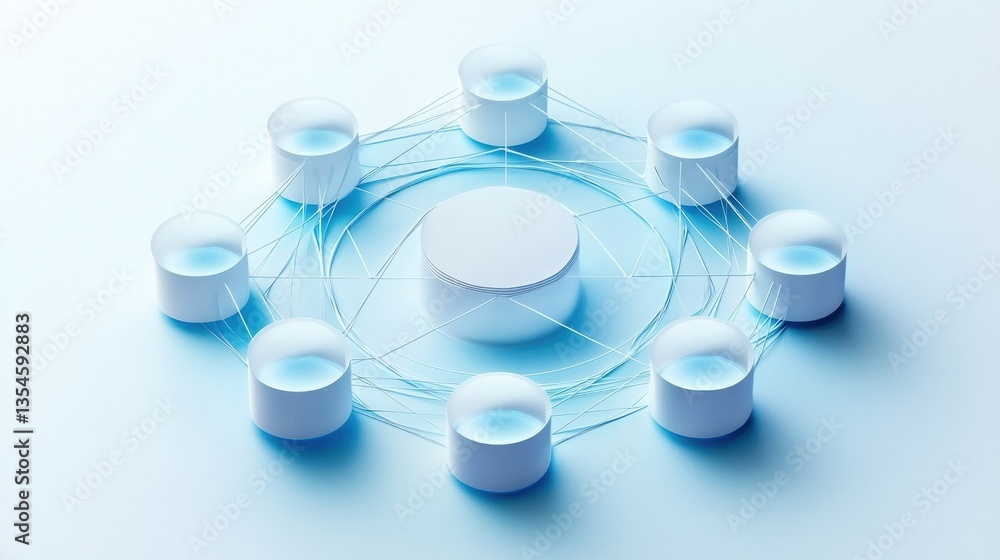 Poster Futuristic digital network concept with layered paper cut style and interconnected nodes glowing in blue gradients for modern technology