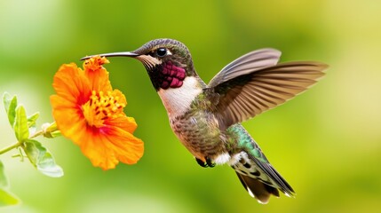 Naklejka premium Hummingbird feeding on a vibrant orange flower.