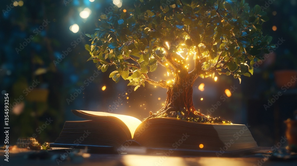 Poster a vibrant tree glowing with light, sprouting from an open book, set against a twilight backdrop. a s