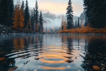 Tranquil lake reflecting autumn foliage and mountains at sunrise, surrounded by pine trees and mist