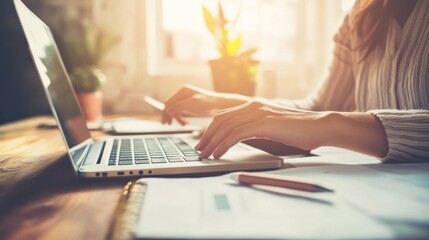 Fototapeta premium Woman Working on Laptop at Desk in Office
