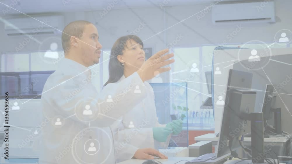 Poster collaborating scientists in lab using animation with digital network connections
