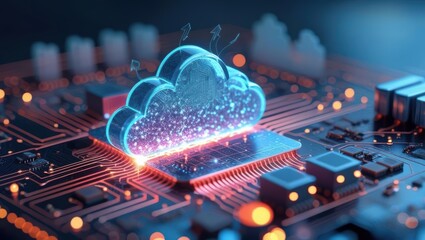 Obraz premium Digital Cloud Computing Concept: Glowing Cloud Icon Integrated Into A Circuit Board, Symbolizing Data Migration, Infrastructure Modernization, And Digital Transformation In A Futuristic Cyber Network.