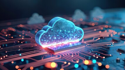Digital Cloud Computing Concept: Glowing Cloud Icon Integrated Into A Circuit Board, Symbolizing Data Migration, Infrastructure Modernization, And Digital Transformation In A Futuristic Cyber Network.
