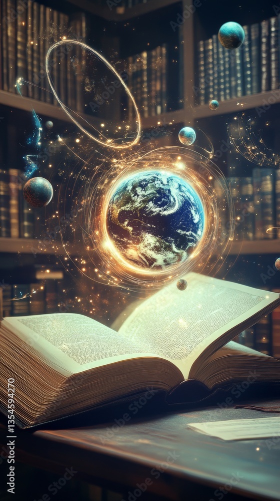 Poster a magical book emitting light with earth and celestial objects floating above, surrounded by bookshe