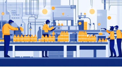 Workers operate a beverage bottling production line