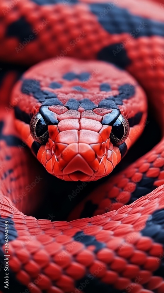 Poster striking macro photograph of a red and black snake with detailed scales and a focused gaze, showcasi