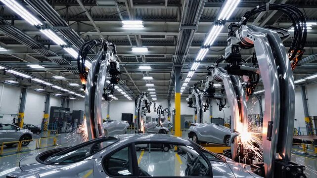 自動車工場の生産ラインで働くロボット（Robots working on a production line in an automobile factory）