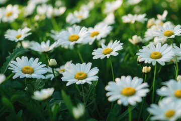 White Daisies with Yellow Centers on Green Grass Background. White Daisies Pattern