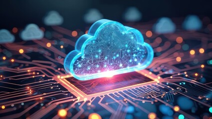 Digital Cloud Computing Concept: Glowing Cloud Icon Integrated Into A Circuit Board, Symbolizing Data Migration, Infrastructure Modernization, And Digital Transformation In A Futuristic Cyber Network.