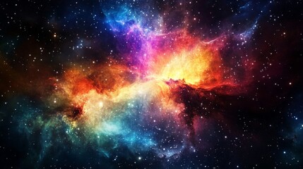 Fototapeta premium A stunning cosmic nebula displaying vivid colors like pink, orange, and blue amidst a backdrop of countless stars. This awe-inspiring scene represents the vast beauty of the universe.. AI Generation