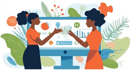 Two Women Collaborate on Data Analysis and Ideas