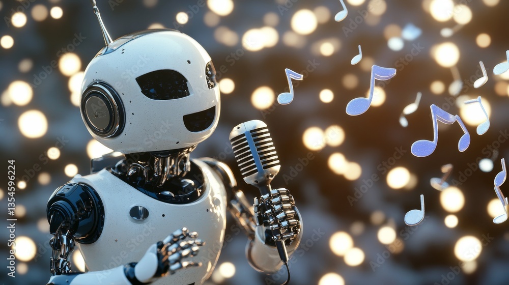 Poster a futuristic robot with a microphone passionately singing surrounded by glowing musical notes, creat
