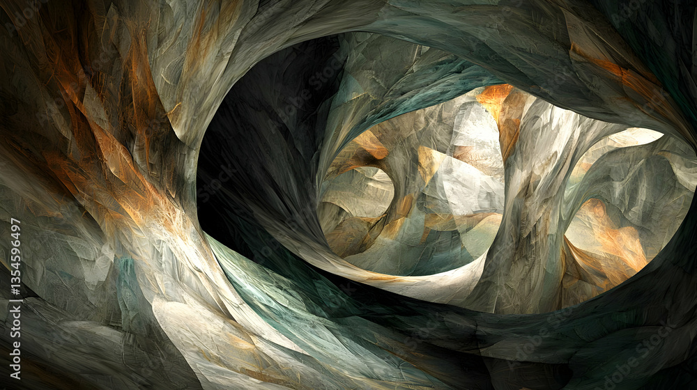 Poster intricate, abstract cave-like structure. layered textures create a sense of depth and mystery within
