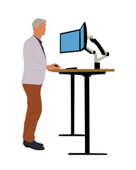 Senior business man works at desktop computer. Old employee, elderly office worker standing at adjustable desk, workplace with modern PC. Flat vector illustration isolated