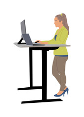 Young business woman working at ergonomic workstation vector flat illustration. Contemporary office furniture with computer and laptop isolated on white. Female standing at the desk side view.