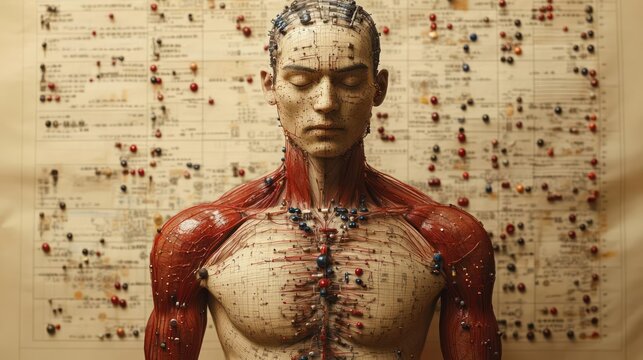 Anatomical model adorned with acupuncture points