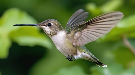 Naklejka premium A vibrant hummingbird in mid-flight, surrounded by lush green foliage, showcasing its iridescent feathers