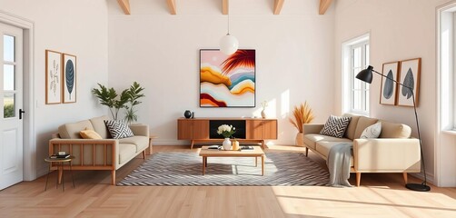 Fototapeta premium Light wood floors, neutral walls, minimalist furniture, bold artwork, Scandinavian design, design, contemporary