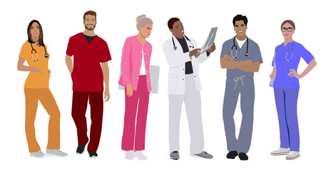 Fototapeta premium Set of smiling doctors, nurses, paramedics. Different male and female medic workers in uniform with stethoscopes. Flat cartoon vector illustration isolated