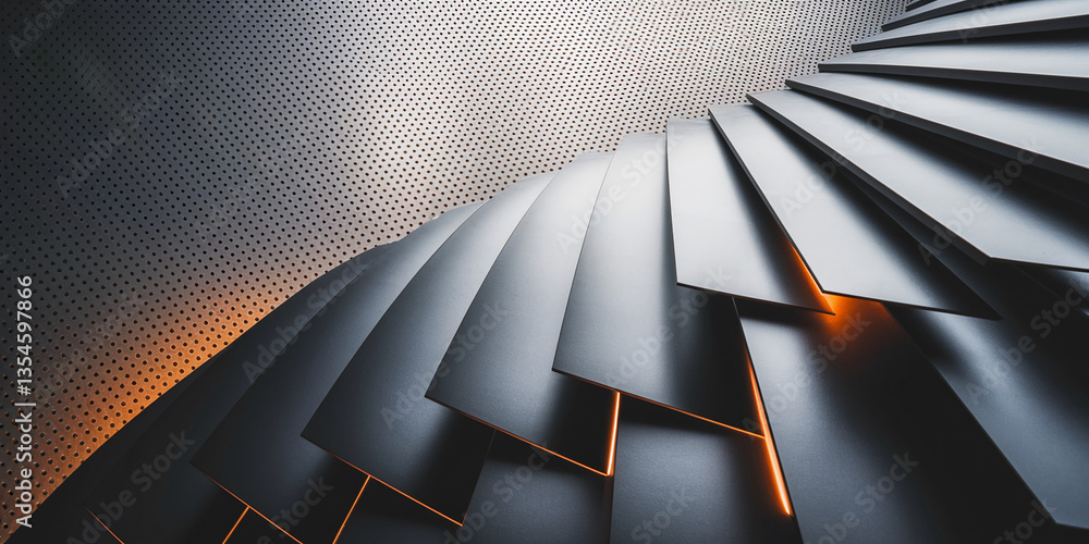 Poster abstract image of dark gray, layered panels forming a curved structure against a perforated metal ba