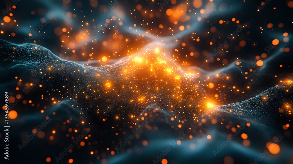 Poster abstract cosmic background with glowing orange particles and flowing blue energy waves creating ethe
