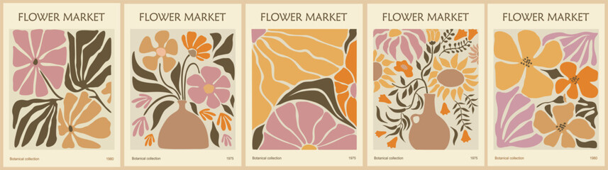 Set of abstract Flower Market posters. Trendy botanical wall arts with floral design in danish pastel colors. Modern naive groovy funky interior decorations, paintings. Vector art illustration.